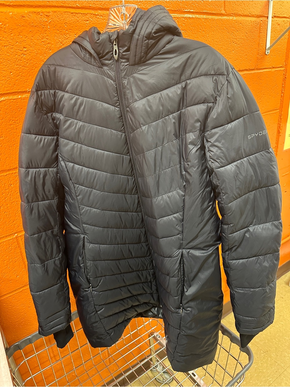 Spyder Black Chevron Quilted Long Puffer Parka Jacket Hooded Sz XL